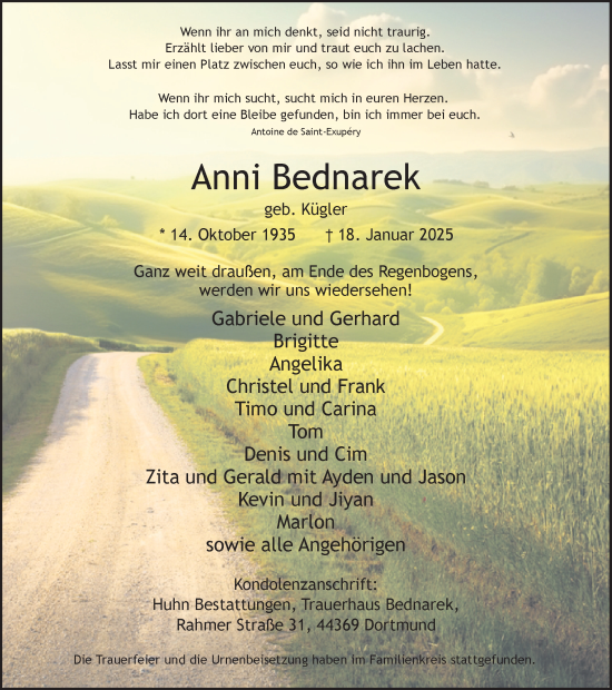 Traueranzeige von Anni Bednarek von Ruhr Nachrichten
