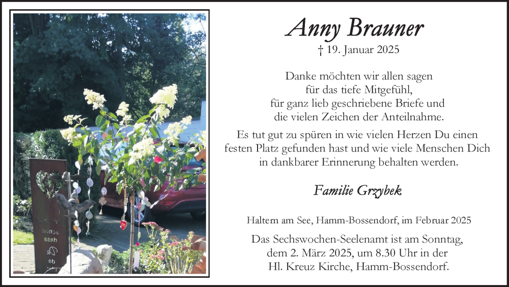  Traueranzeige für Anny Brauner vom 26.02.2025 aus Ruhr Nachrichten und Halterner Zeitung