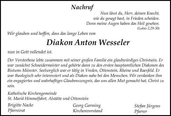 Traueranzeige von Anton Wesseler von Münsterland Zeitung