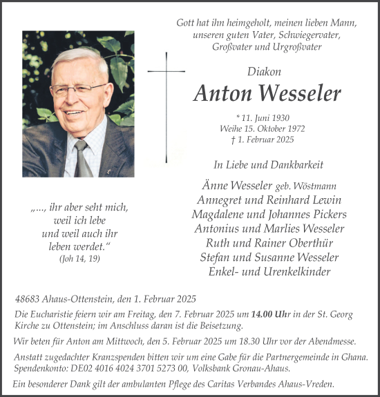 Traueranzeige von Anton Wesseler von Münsterland Zeitung