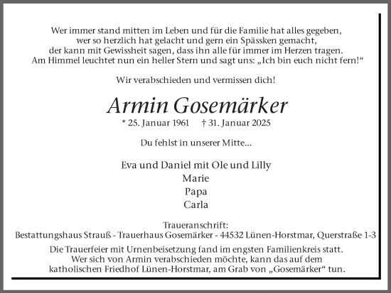 Traueranzeige von Armin Gosemärker von Ruhr Nachrichten