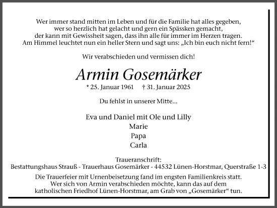 Traueranzeige von Armin Gosemärker von Lüner Anzeiger
