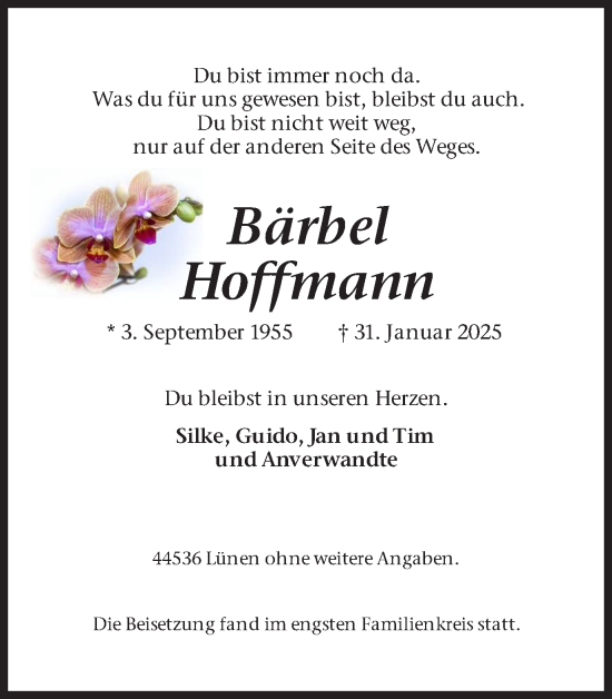 Traueranzeige von Bärbel Hoffmann von Lüner Anzeiger