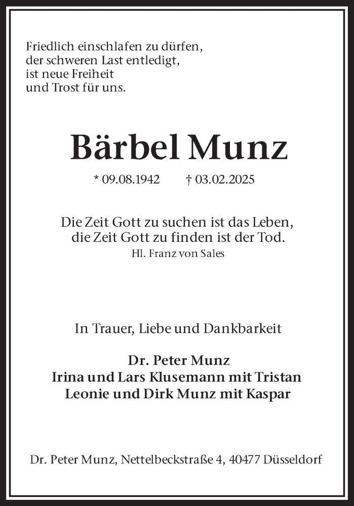  Traueranzeige für Bärbel Munz vom 21.02.2025 aus Münsterland Zeitung