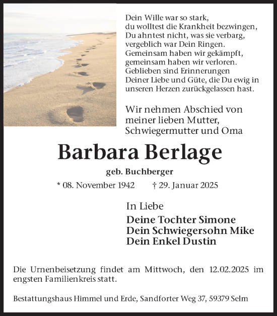 Traueranzeige von Barbara Berlage von Lüner Anzeiger
