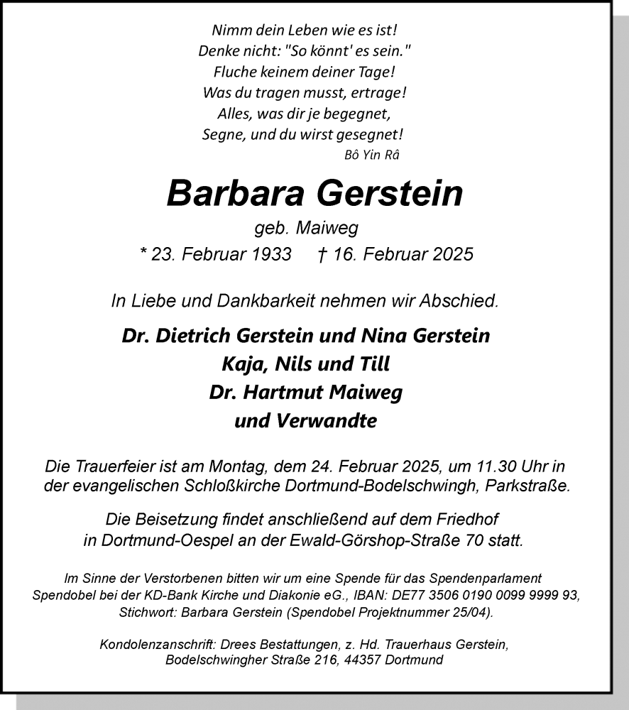  Traueranzeige für Barbara Gerstein vom 19.02.2025 aus Ruhr Nachrichten
