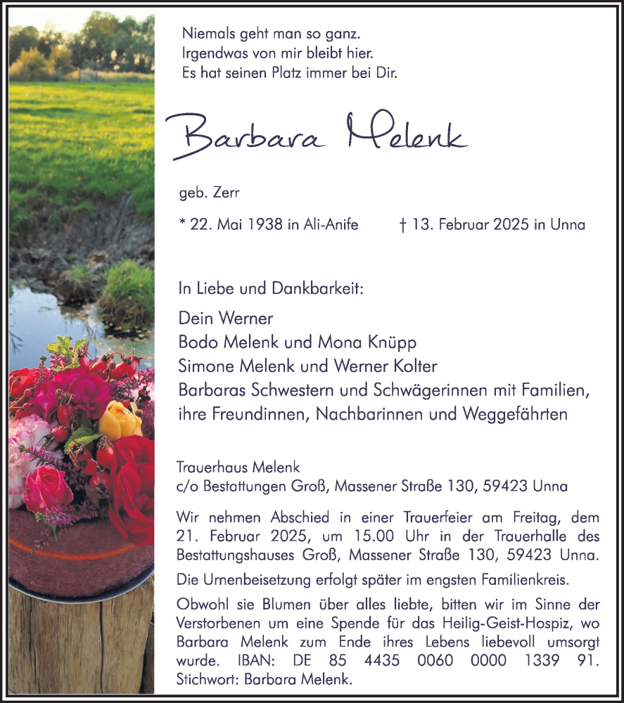  Traueranzeige für Barbara Melenk vom 15.02.2025 aus Ruhr Nachrichten