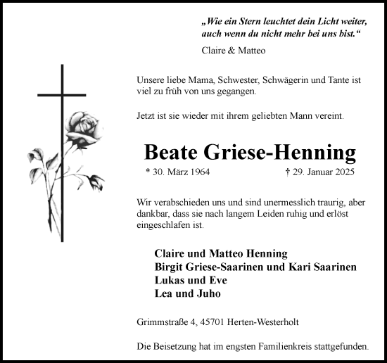 Traueranzeige von Beate Griese-Henning von Trauer Vest