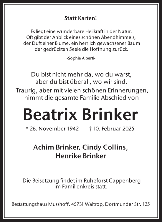 Traueranzeige von Beatrix Brinker von Trauer Vest