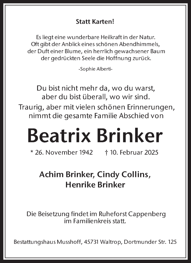  Traueranzeige für Beatrix Brinker vom 22.02.2025 aus Trauer Vest