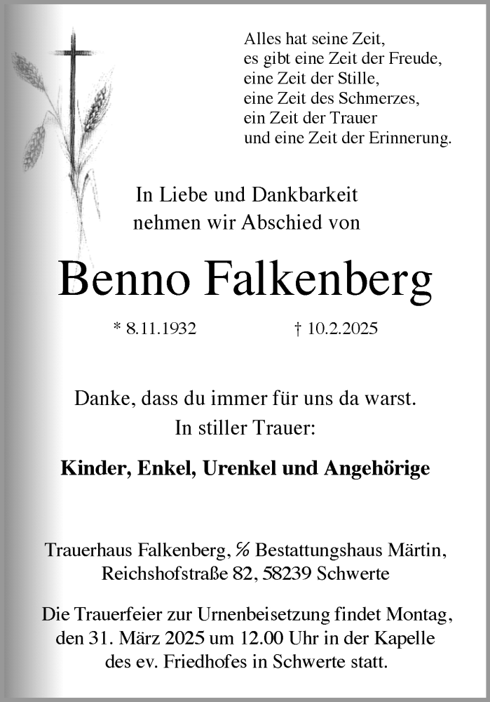  Traueranzeige für Benno Falkenberg vom 15.02.2025 aus Ruhr Nachrichten