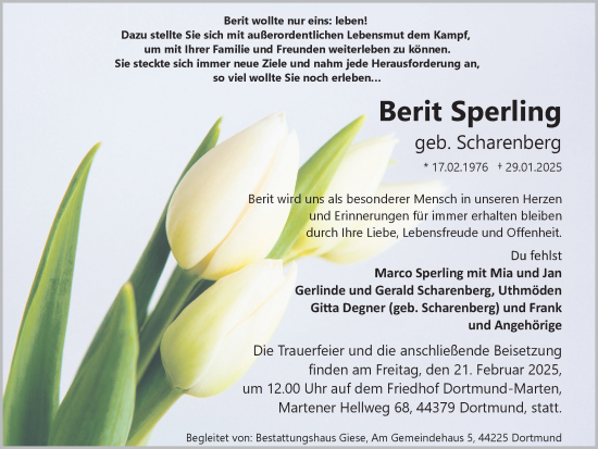 Traueranzeige von Berit Sperling von Ruhr Nachrichten
