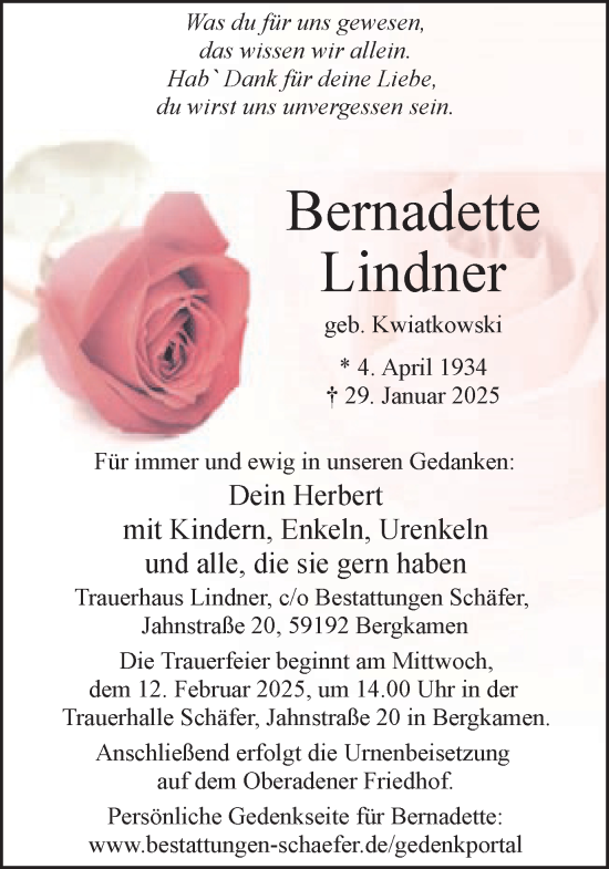 Traueranzeige von Bernadette Lindner von Hellweger Anzeiger