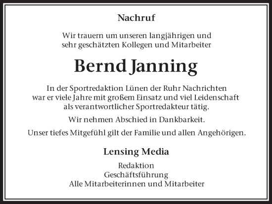 Traueranzeige von Bernd Janning von Ruhr Nachrichten