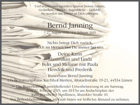 Traueranzeige von Bernd Janning von Lüner Anzeiger