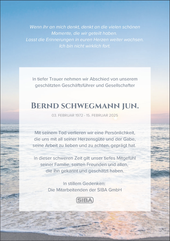 Traueranzeige von Bernd Schwegmann von Ruhr Nachrichten