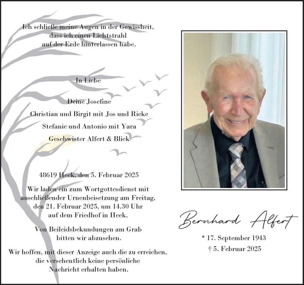  Traueranzeige für Bernhard Alfert vom 18.02.2025 aus Münsterland Zeitung