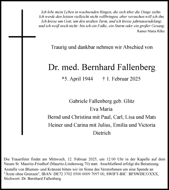 Traueranzeige von Bernhard Fallenberg von Ruhr Nachrichten