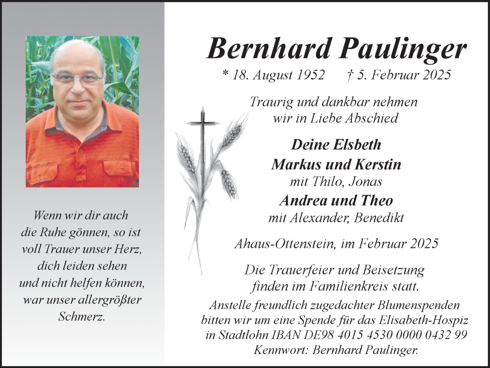  Traueranzeige für Bernhard Paullinger vom 12.02.2025 aus Münsterland Zeitung