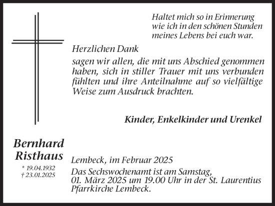Traueranzeige von Bernhard Risthaus von Ruhr Nachrichten und Dorstener Zeitung