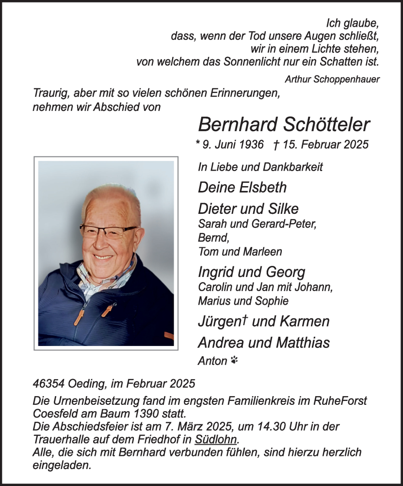  Traueranzeige für Bernhard Schötteler vom 22.02.2025 aus Münsterland Zeitung