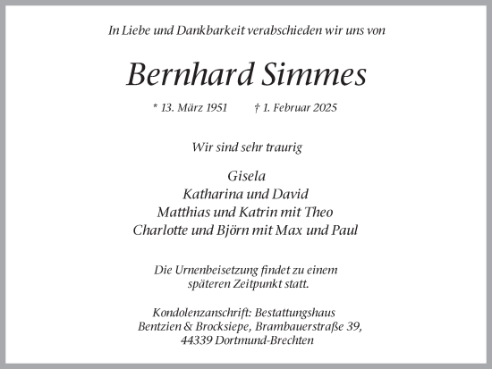 Traueranzeige von Bernhard Simmes von Ruhr Nachrichten