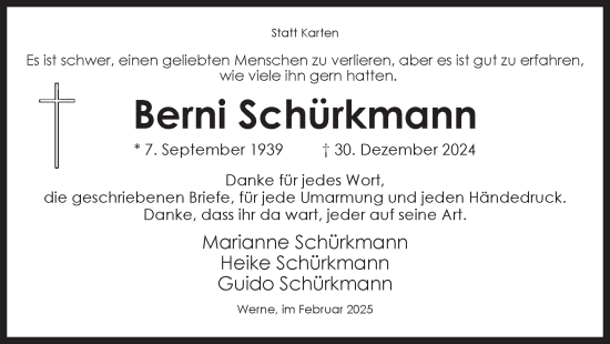 Traueranzeige von Berni Schürkmann von Ruhr Nachrichten