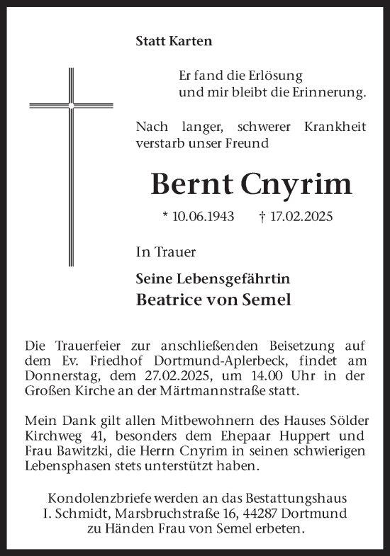 Traueranzeige von Bernt Cnyrim von Ruhr Nachrichten