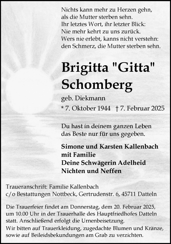 Traueranzeige von Brigitta Schomberg von Trauer Vest