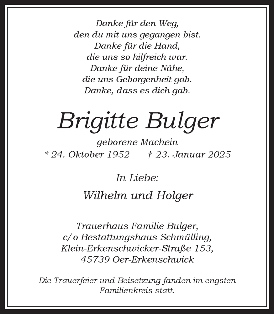  Traueranzeige für Brigitte Bulger vom 15.02.2025 aus Trauer Vest