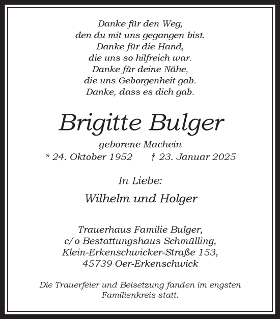 Traueranzeige von Brigitte Bulger von Trauer Vest