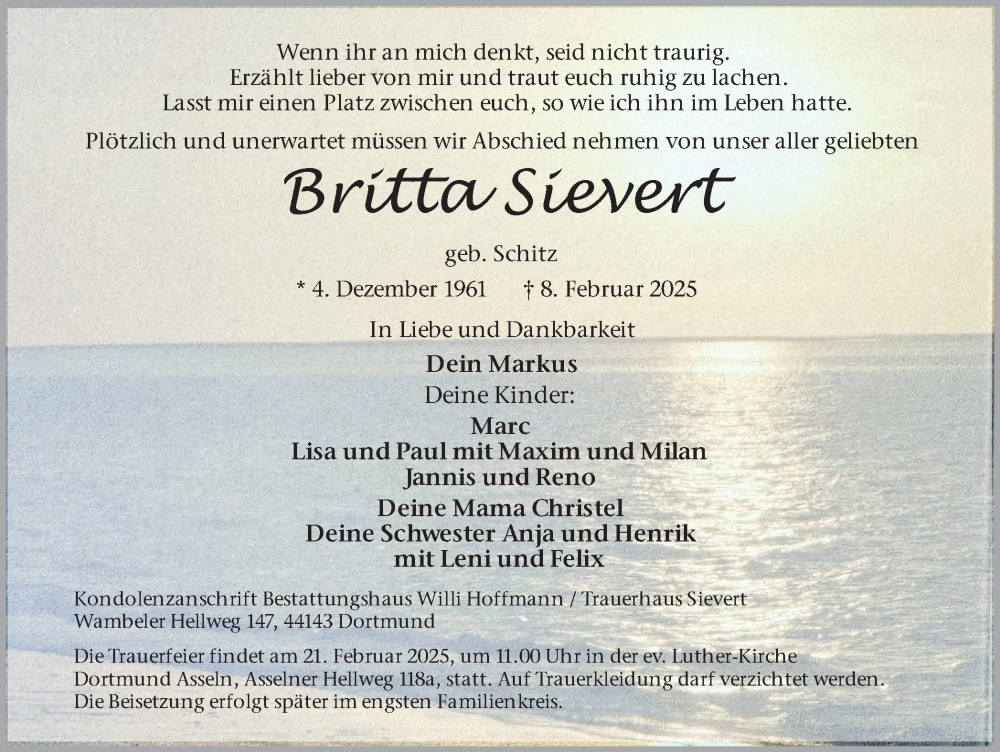  Traueranzeige für Britta Sievert vom 15.02.2025 aus Ruhr Nachrichten