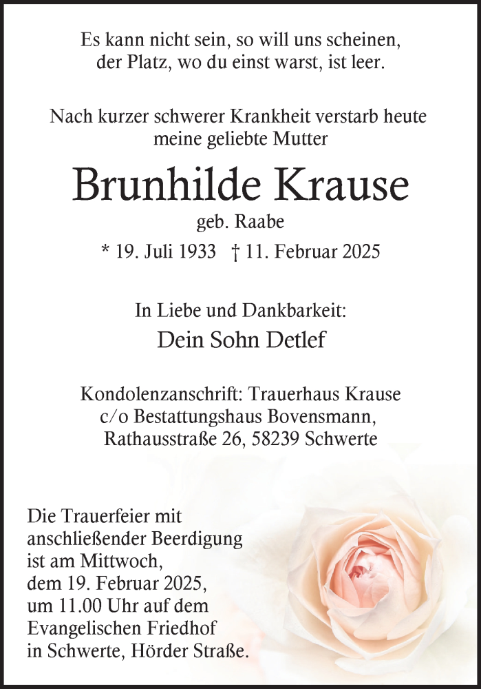  Traueranzeige für Brunhilde Krause vom 15.02.2025 aus Ruhr Nachrichten