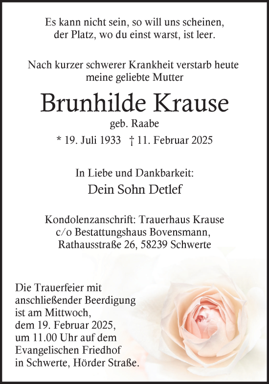 Traueranzeige von Brunhilde Krause von Ruhr Nachrichten