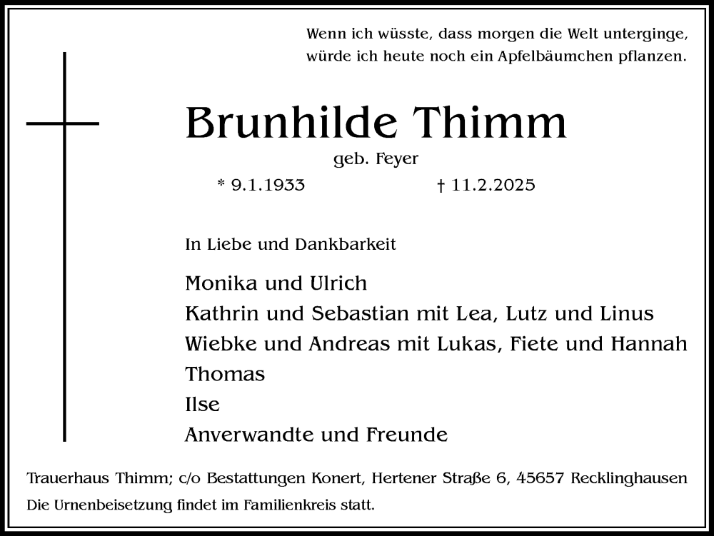  Traueranzeige für Brunhilde Thimm vom 15.02.2025 aus Trauer Vest