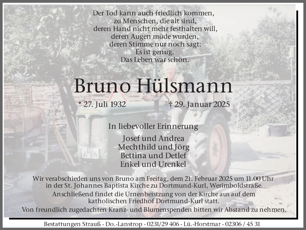  Traueranzeige für Bruno Hülsmann vom 15.02.2025 aus Ruhr Nachrichten