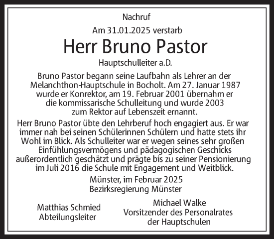 Traueranzeige von Bruno Pastor 
