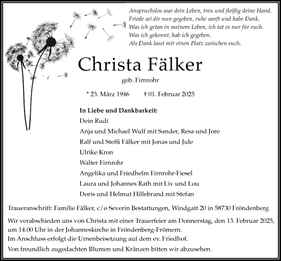 Traueranzeige von Christa Fälker von Hellweger Anzeiger