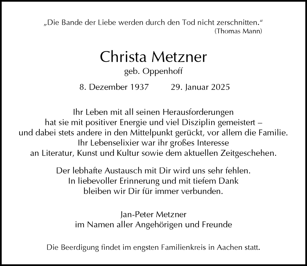  Traueranzeige für Christa Metzner vom 11.02.2025 aus 