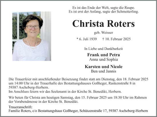 Traueranzeige von Christa Roters von Ruhr Nachrichten