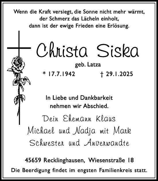 Traueranzeige von Christa Siska von Trauer Vest