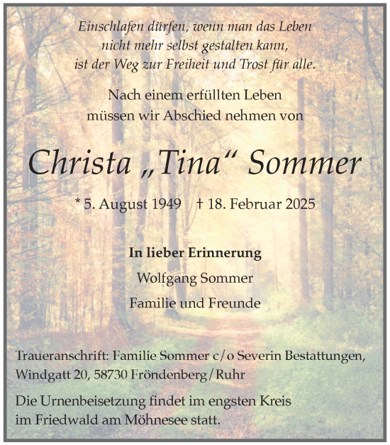 Traueranzeige von Christa Sommer von Hellweger Anzeiger