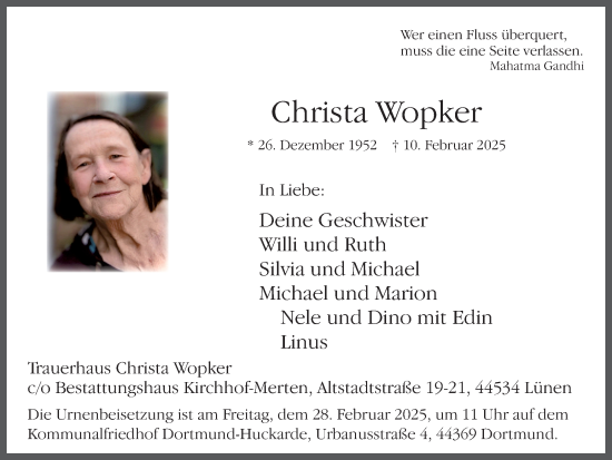 Traueranzeige von Christa Wopker von Ruhr Nachrichten