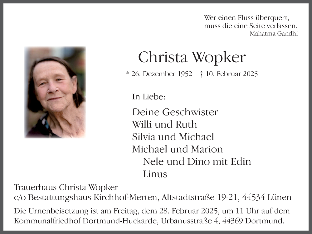  Traueranzeige für Christa Wopker vom 22.02.2025 aus Lüner Anzeiger