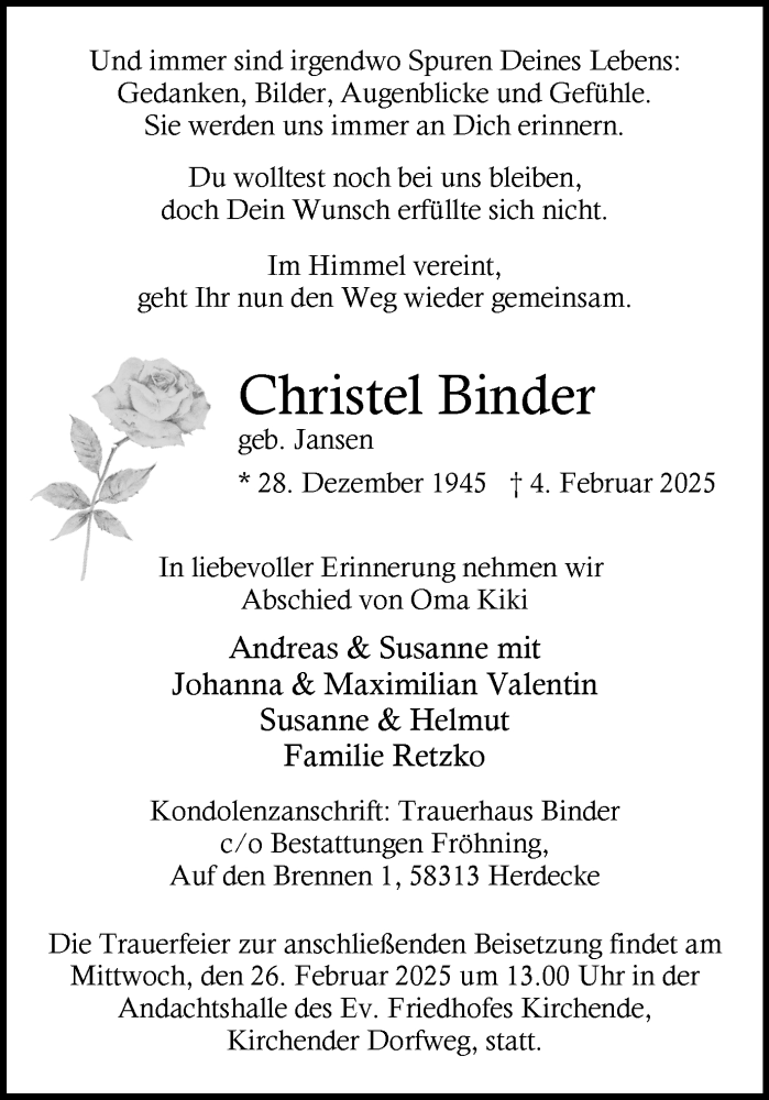  Traueranzeige für Christel Binder vom 22.02.2025 aus Ruhr Nachrichten