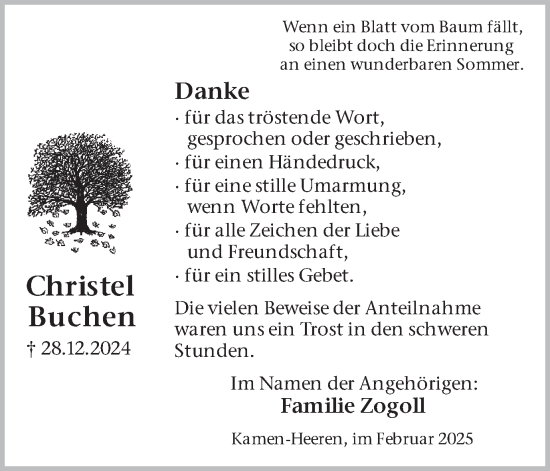 Traueranzeige von Christel Buchen von Hellweger Anzeiger