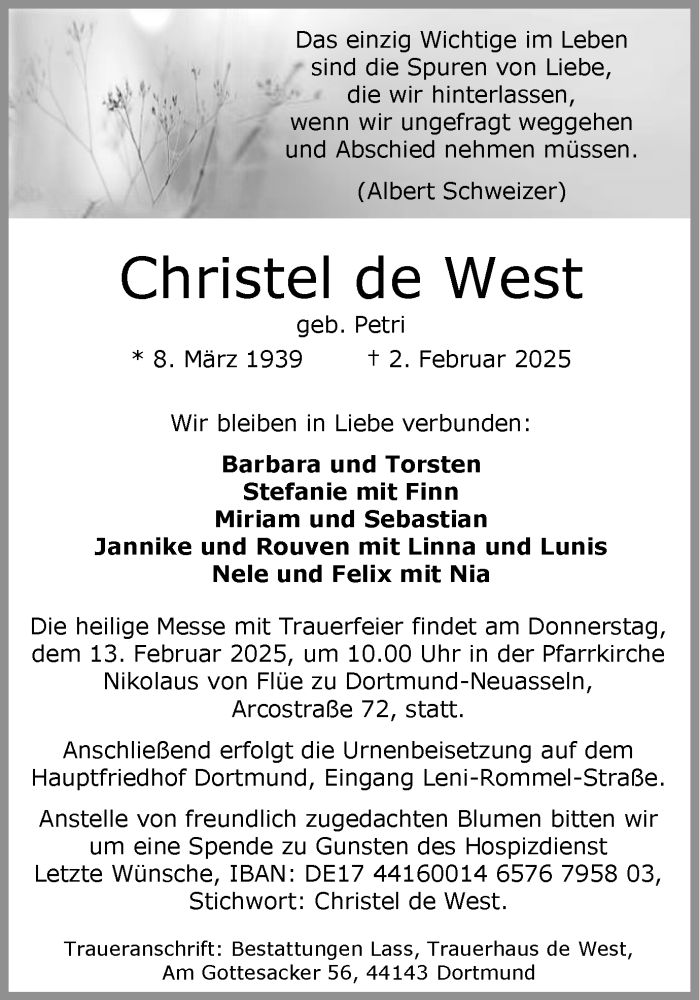  Traueranzeige für Christel de West vom 08.02.2025 aus Ruhr Nachrichten
