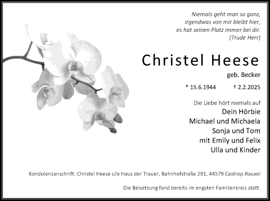 Traueranzeige von Christel Heese von Stadtanzeiger Castrop-Rauxel
