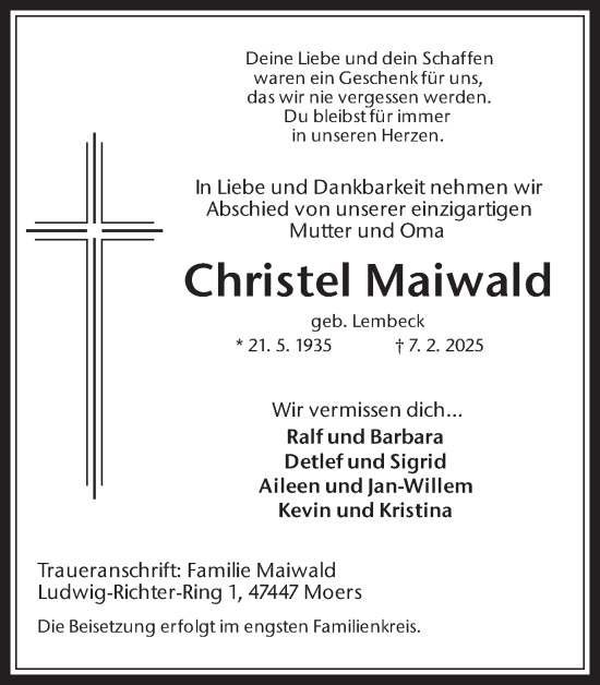 Traueranzeige von Christel Maiwald von Trauer Vest