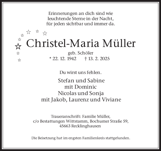 Traueranzeige von Christel-Maria Müller von Trauer Vest